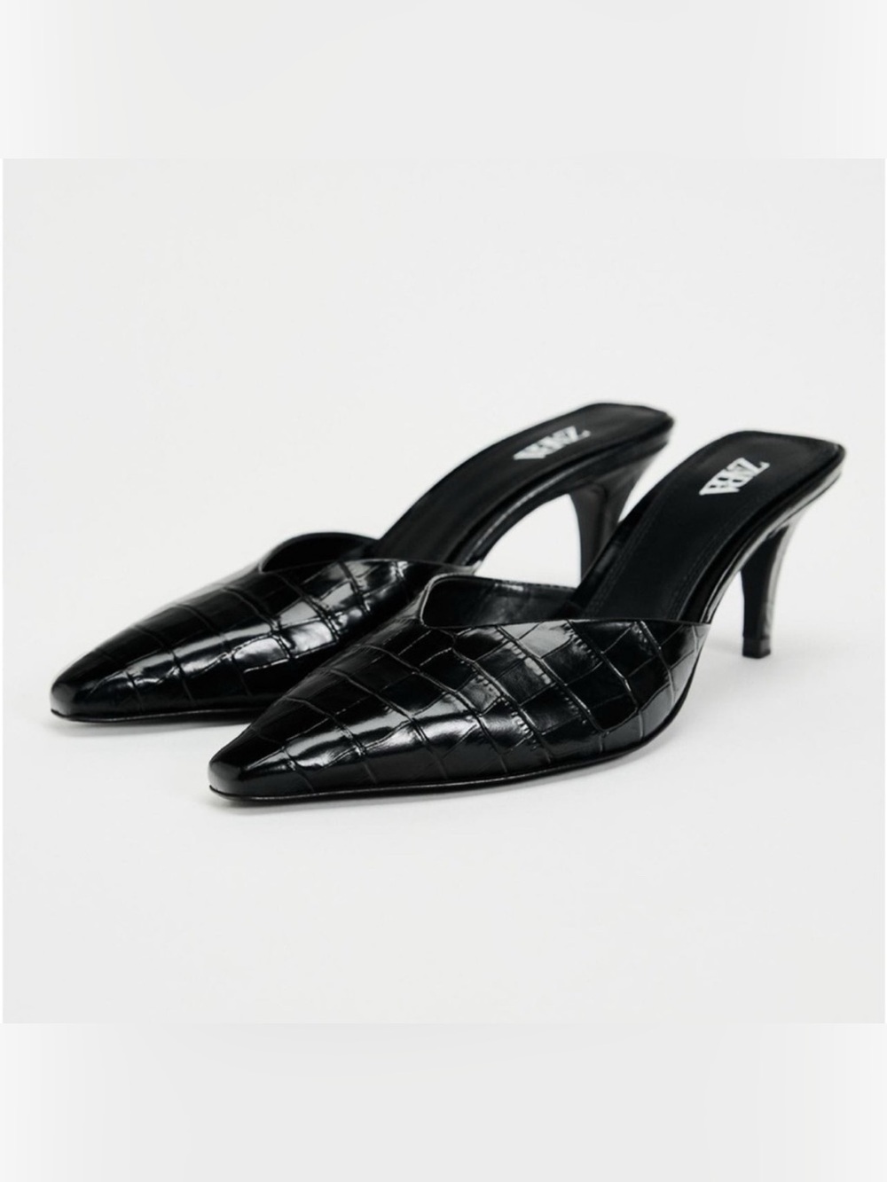 Zara Black Croc-Embossed Pointed Mules